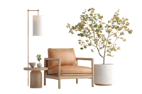 Tan leather armchair with plant