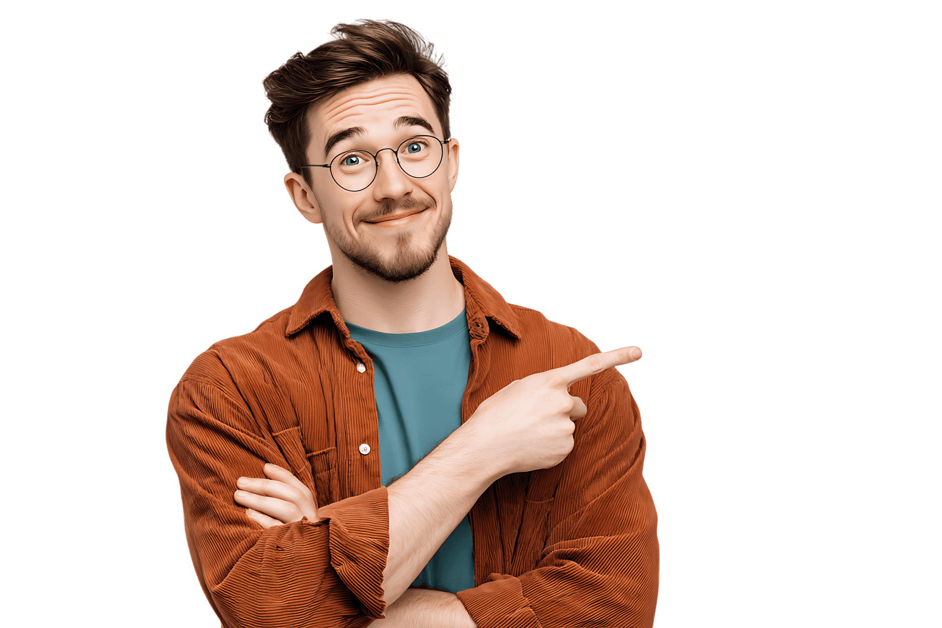 Smiling man in glasses points to the side, indicating something interesting.