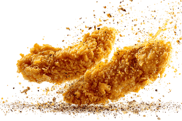 Crispy fried chicken tenders in mid air with spices.