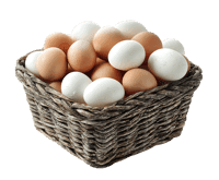 Brown and white eggs in a rustic basket.