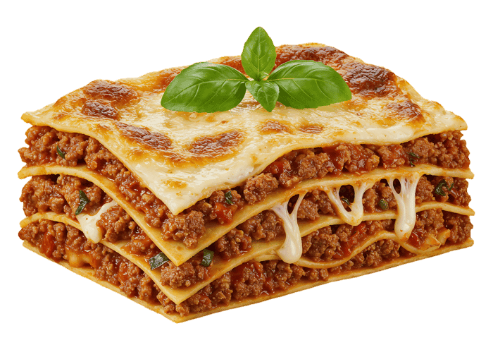 Delicious lasagna with melted cheese and basil.