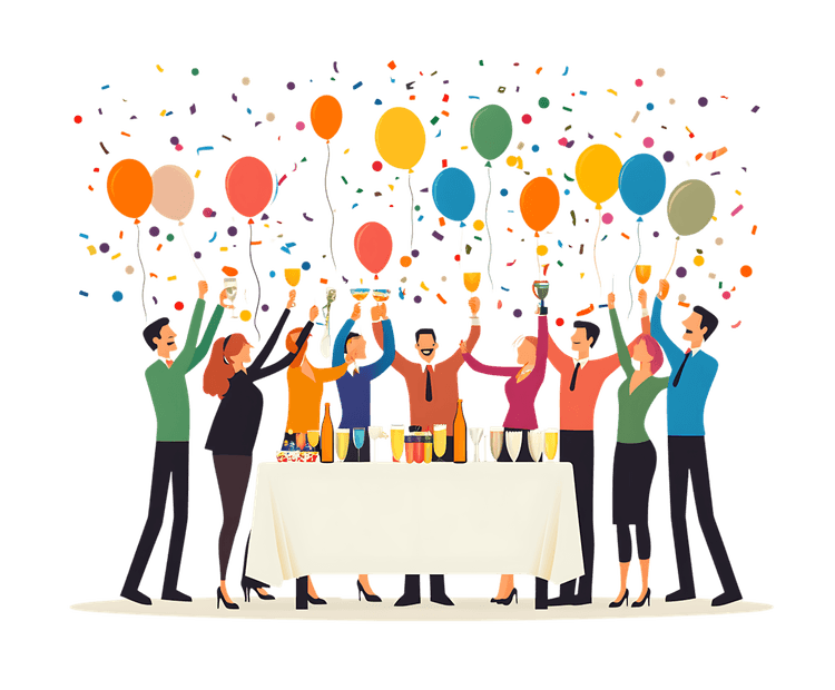 Joyful group celebrating with balloons and confetti.