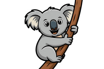Smiling koala cartoon clinging to a tree branch