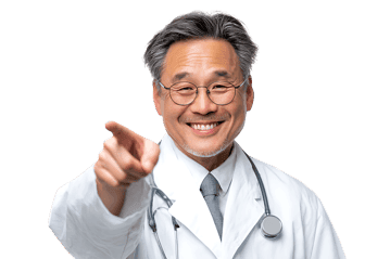 Smiling Asian doctor points at you895.