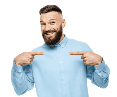 Smiling man points at himself.
