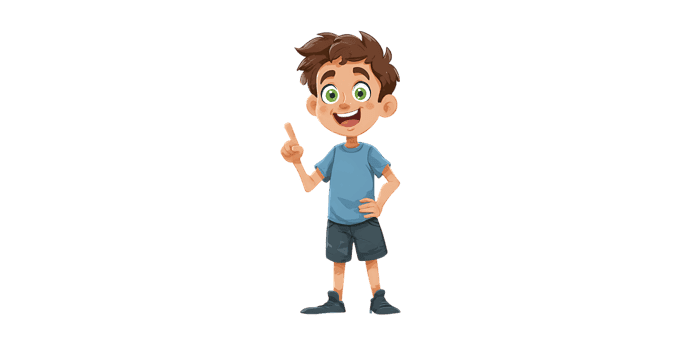 Cartoon boy pointing up, happy and cheerful