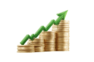 Stacks of gold coins with upward arrow.  Success, wealth, investment concept.