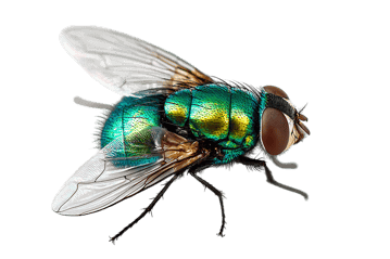 Detailed macro shot of a green bottle fly against a black background.