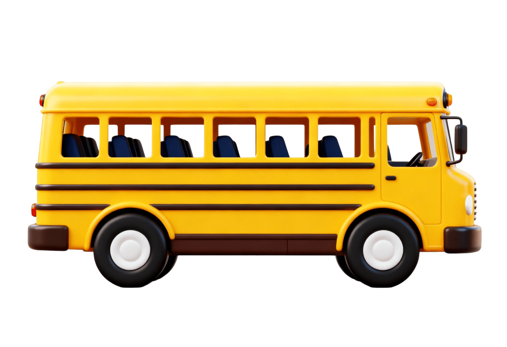 Cartoon style yellow school bus on transparent background