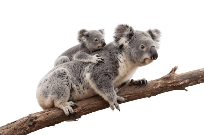 Koala with baby joey on back sitting on branch
