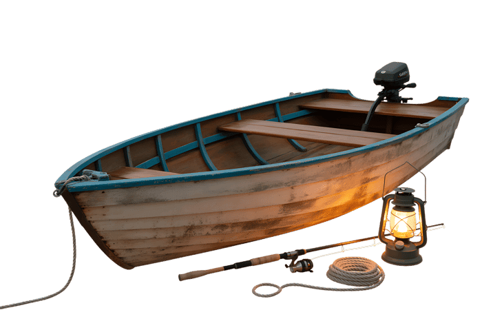Wooden rowboat with fishing gear and lantern