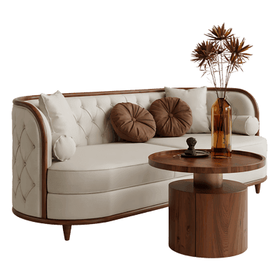 Elegant cream sofa and wooden coffee table set