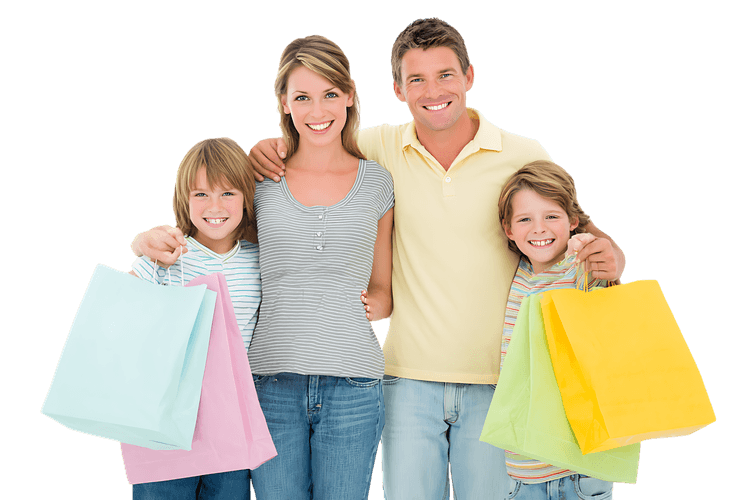Happy family with shopping bags after a successful shopping trip.
