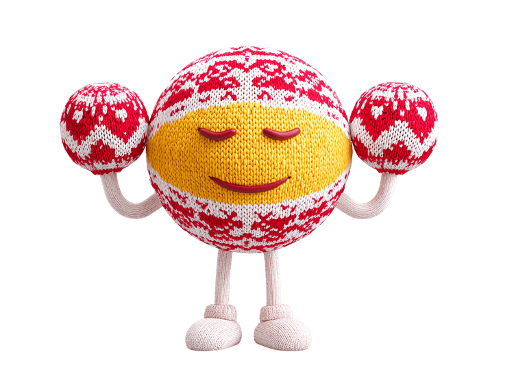 Smiling cartoon character with knitted texture and ornaments