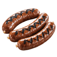 Three delicious grilled sausages, ready to eat.