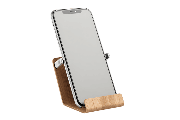 Smartphone on a wooden stand. Modern technology, eco friendly design.