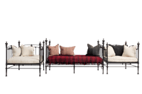 Three black metal daybeds with different colored cushions.