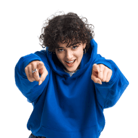 Smiling woman in blue hoodie pointing her fingers at you. I want you! Hey you!