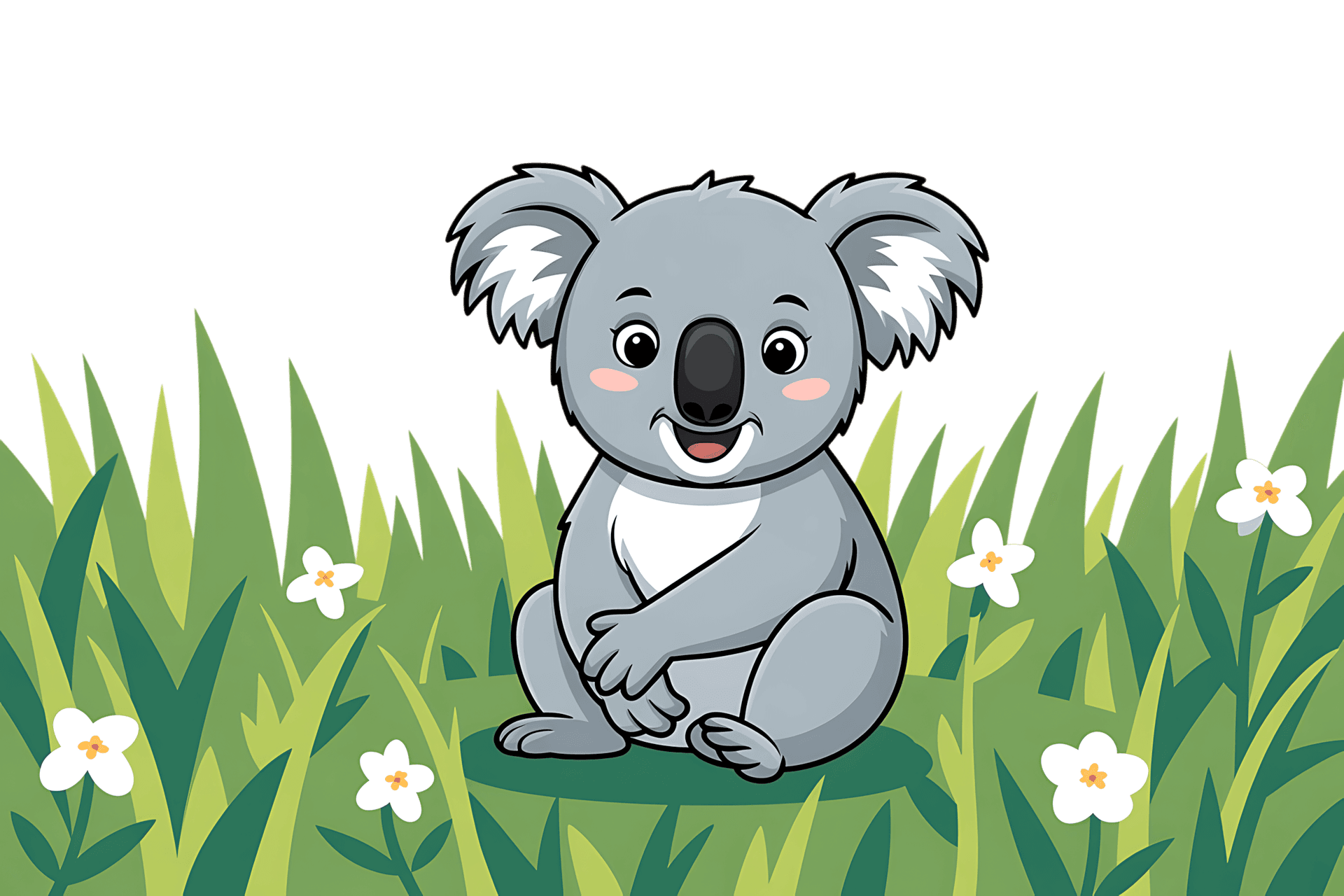 Cartoon koala in grass with flowers