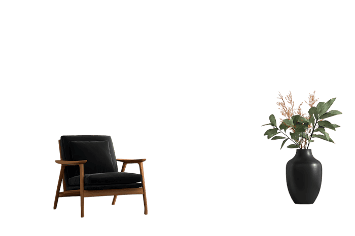 Stylish dark room interior with armchair and vase of flowers