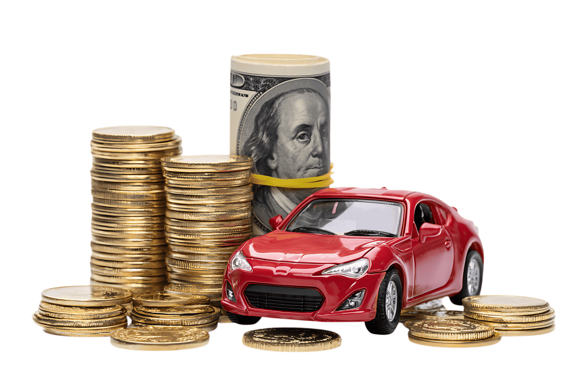 Red car model with stacks of coins and dollar bills.