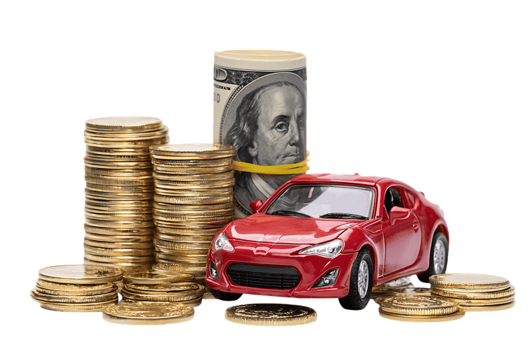 Red car model with stacks of coins and dollar bills.