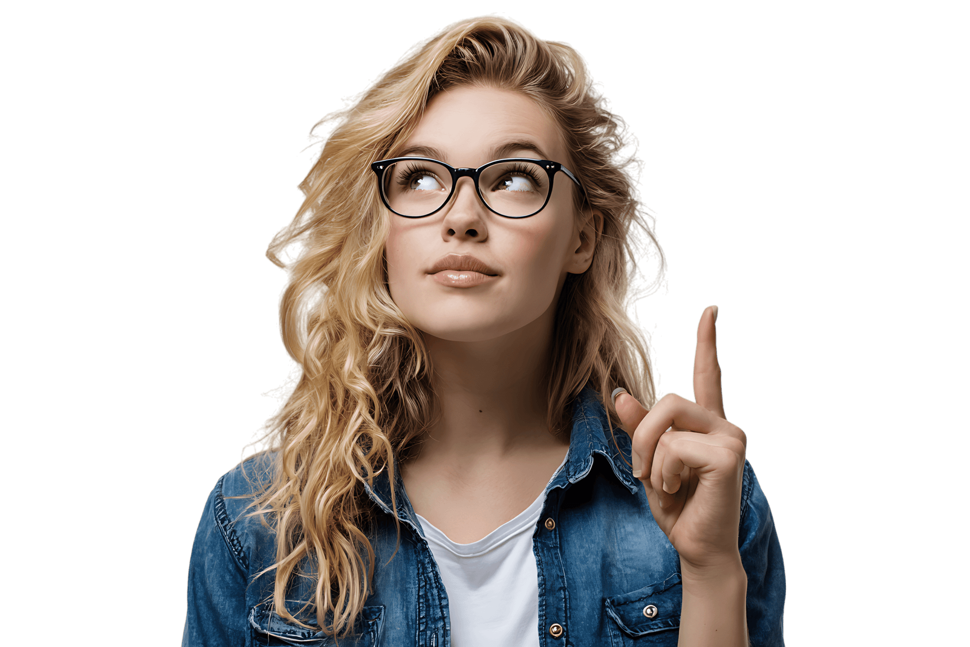 Young woman pointing up, having a bright idea.