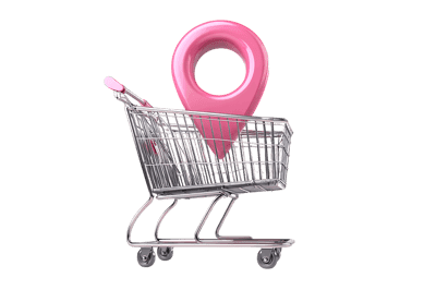 Pink map pointer in shopping cart, online shopping, delivery, location services
