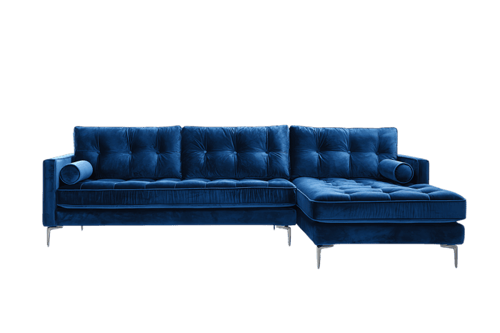 Modern blue velvet sectional sofa isolated on black background