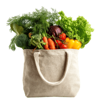 Fresh vegetables in a reusable shopping bag transparent