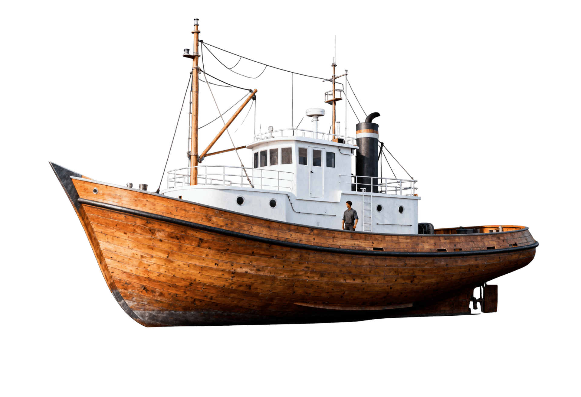 Vintage wooden tugboat with man on deck