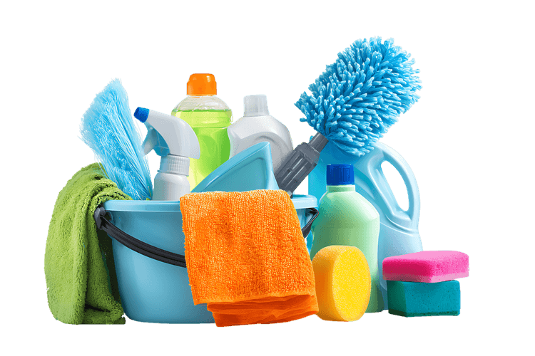 Cleaning supplies in a bucket.  Cleaning products, sponges, and cloths.
