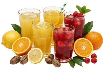 Refreshing fruit juices with oranges, lemons, and raspberries.