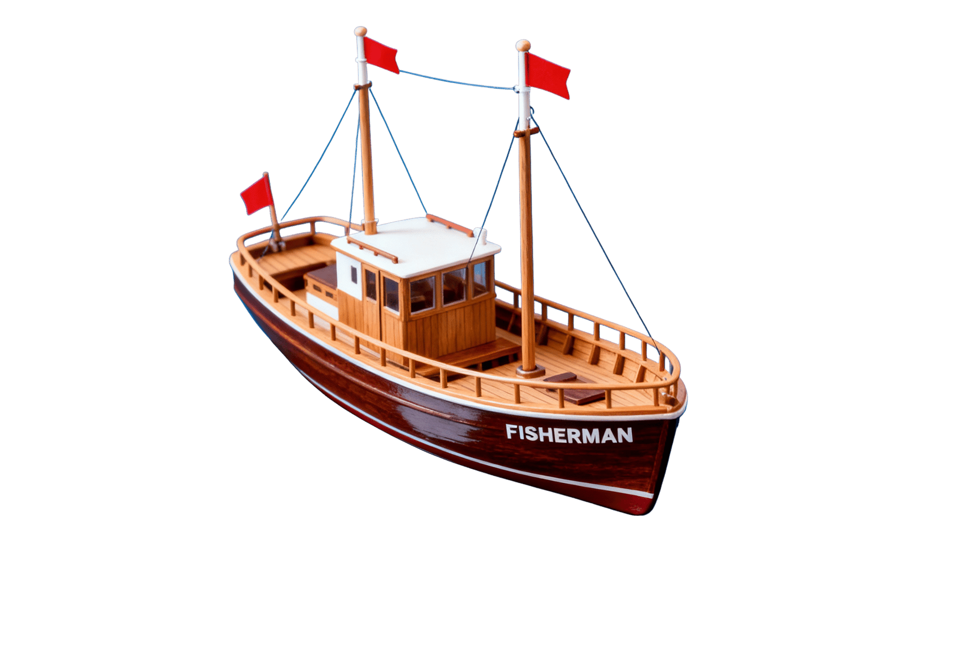 Model of a wooden fishing boat with red flags