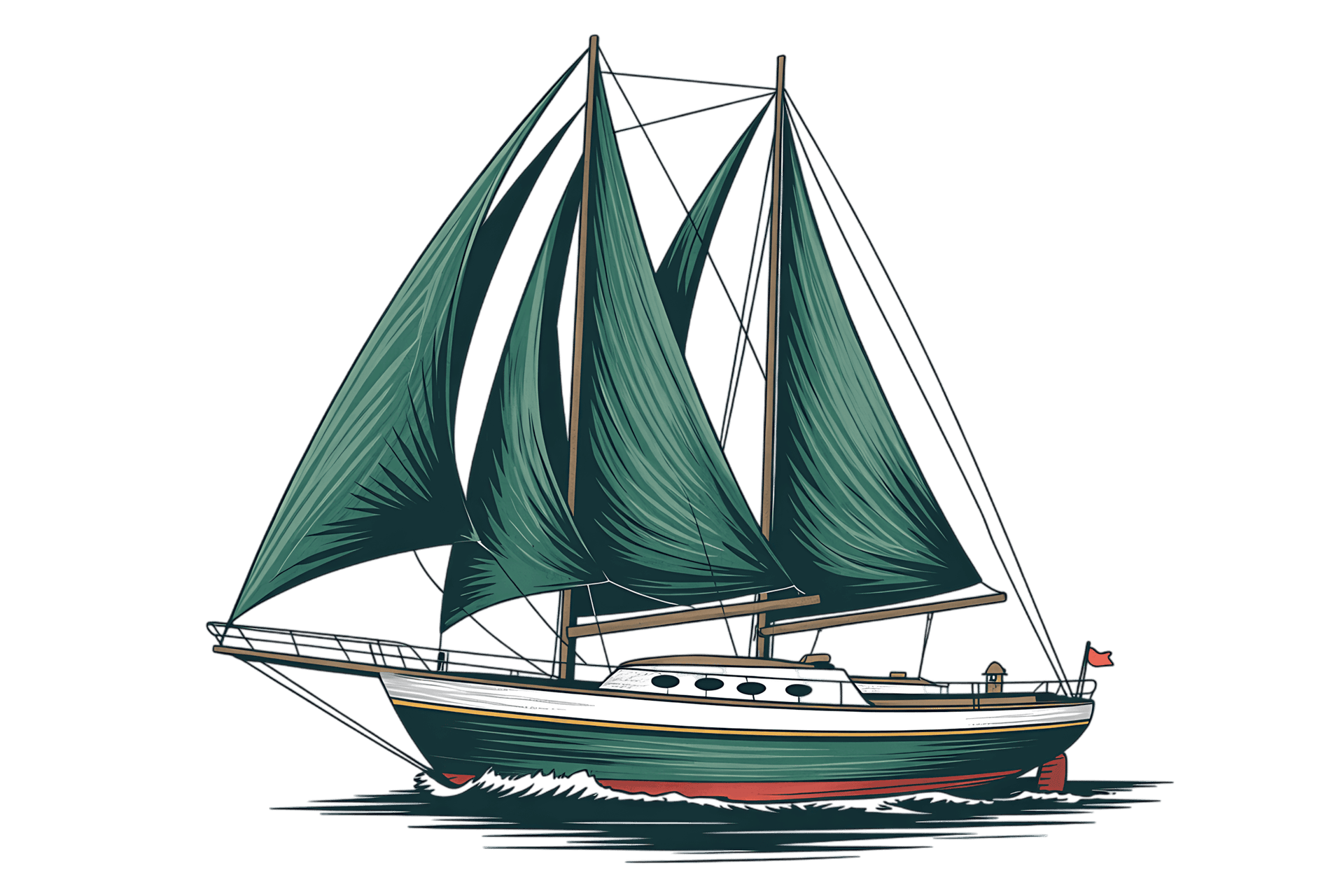 Illustration of classic green sailboat on water