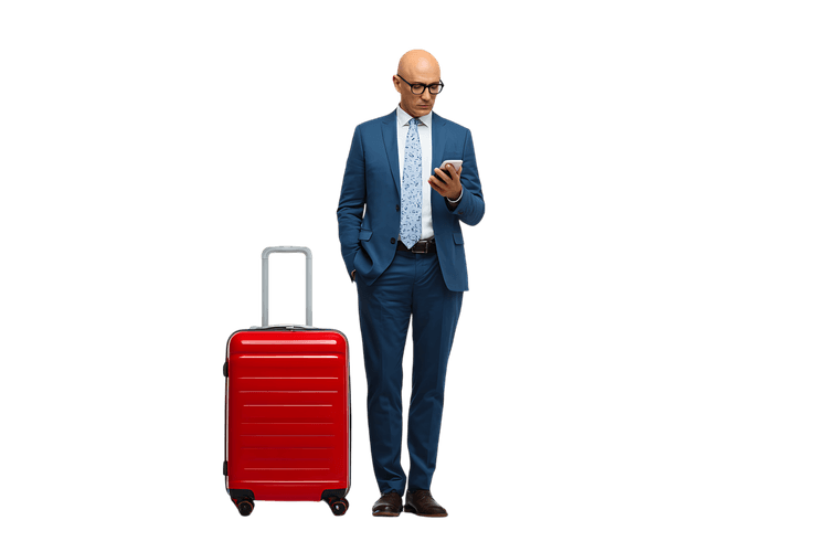 Businessman checking his phone, waiting for his flight.