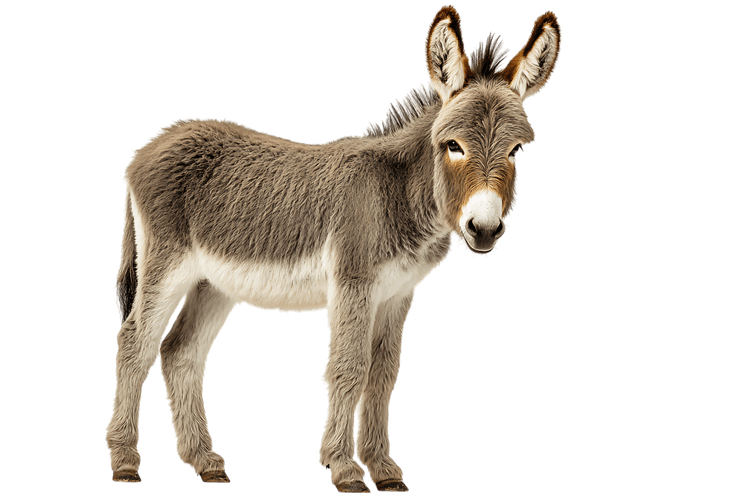 Adorable young donkey standing.