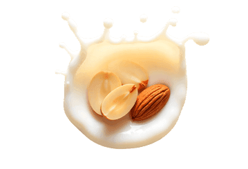 Almond milk splash with nuts on black background