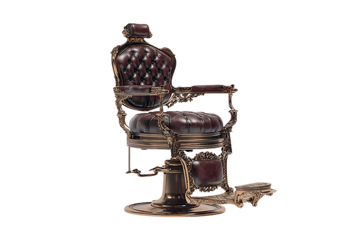 Elegant antique barber chair, leather, metal, vintage style.