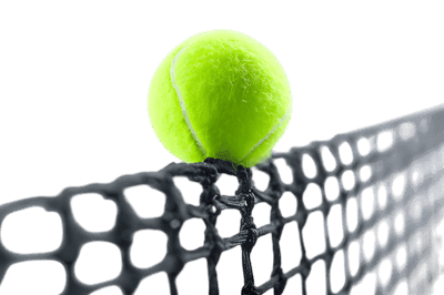 Close up of tennis ball hitting racket strings