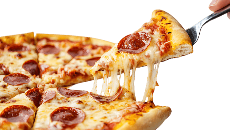 Pepperoni pizza slice being lifted with a pizza server.