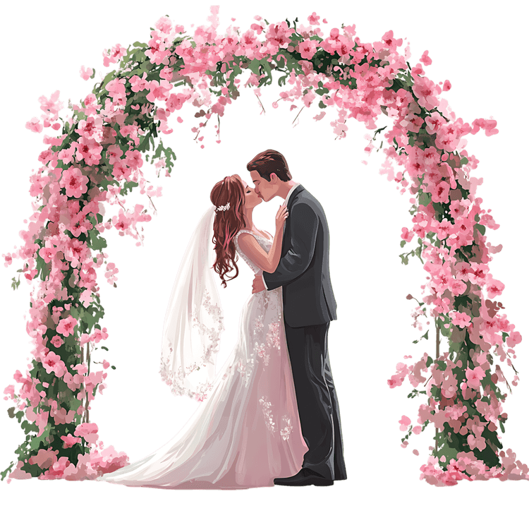 Bride and groom sharing a tender kiss at their wedding ceremony.