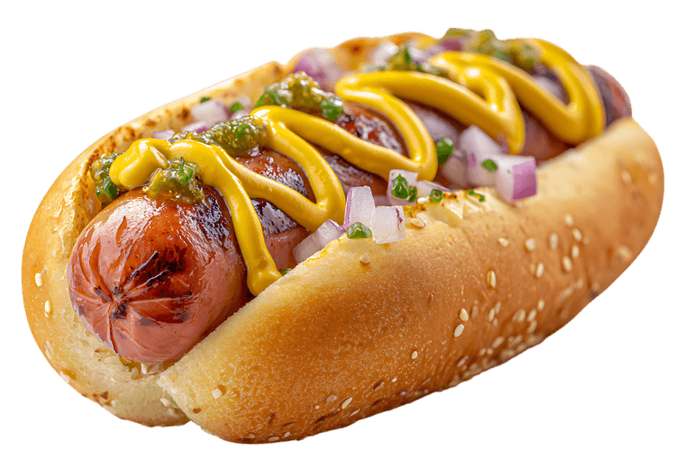 Grilled hot dog with mustard and relish