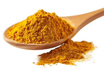 Ground turmeric spice in wooden spoon, vibrant yellow, healthy ingredient.