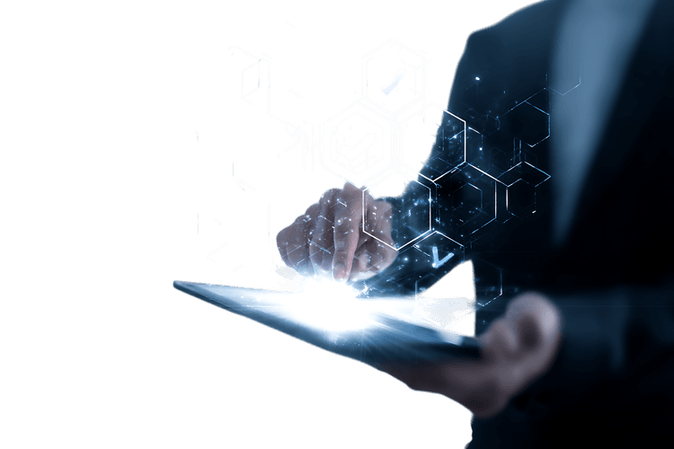 Businessperson using digital tablet with holographic interface951.