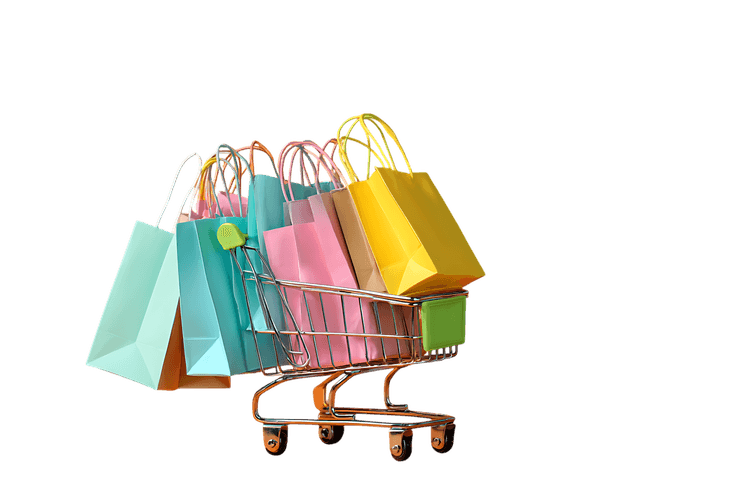 Colorful shopping bags overflowing from a mini shopping cart801.