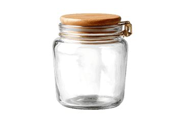 Empty glass jar with wooden lid and gold accents.