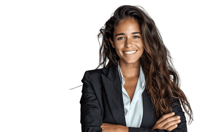 Confident businesswoman with arms crossed, smiling.