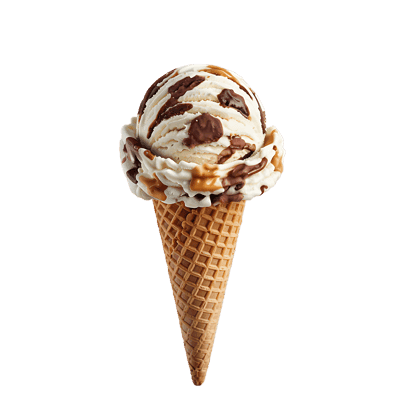 Delicious ice cream cone with chocolate and nuts.