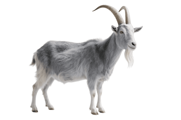 Standing grey goat with horns and beard